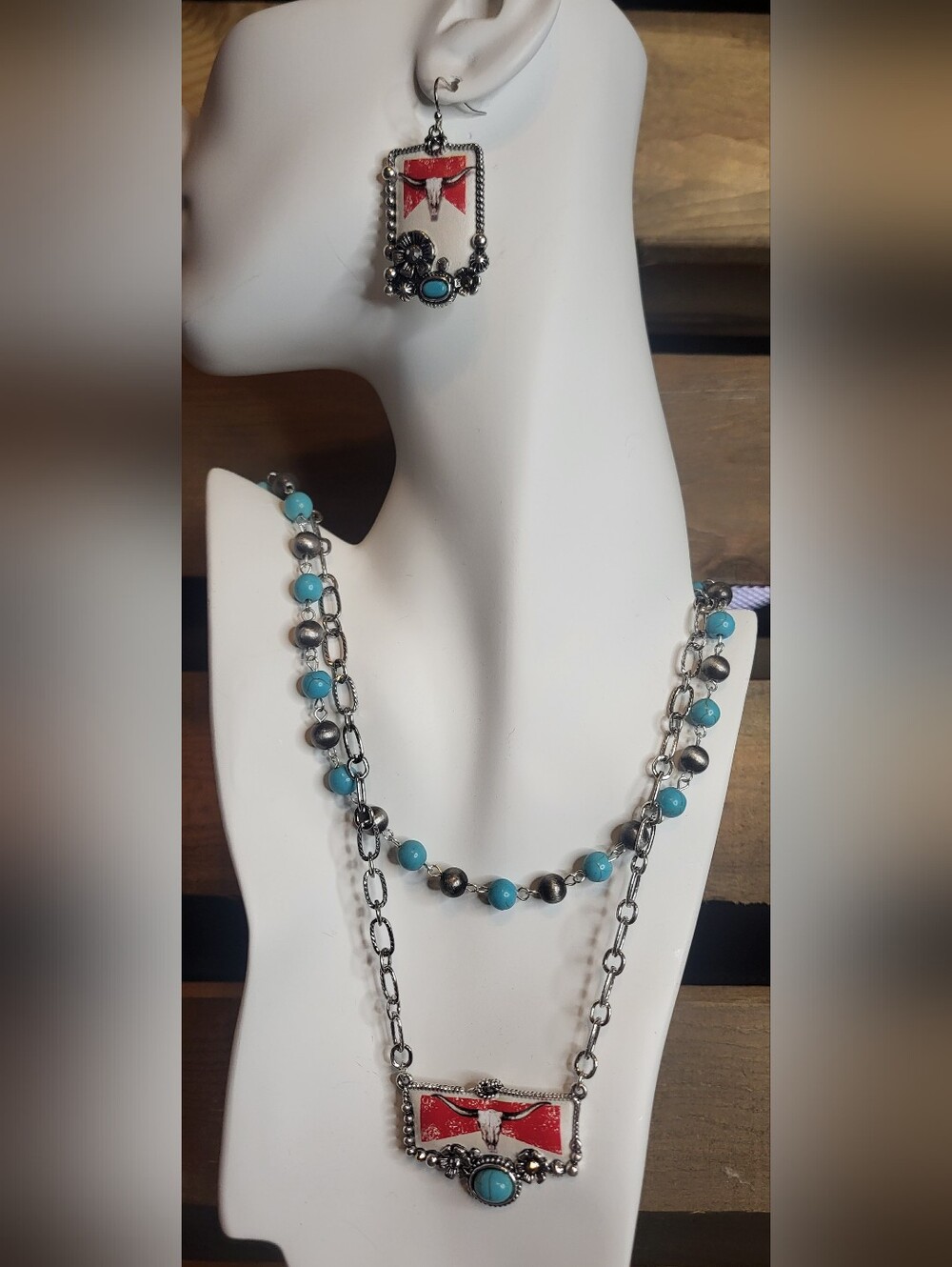 Turquoise Bead  Long Horn Double-Layer Necklace And Earrings
